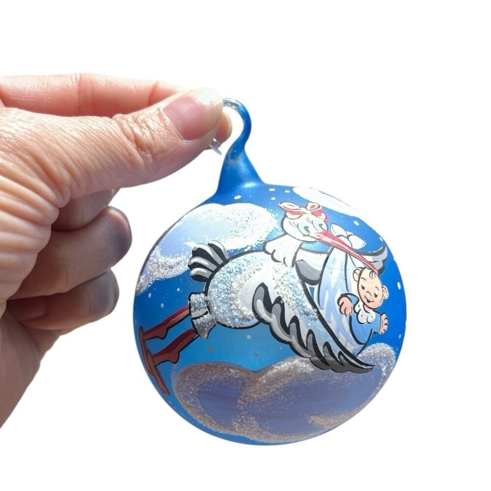 German Mouth Blown Hand Crafted My First Christmas Ornament Stork Baby